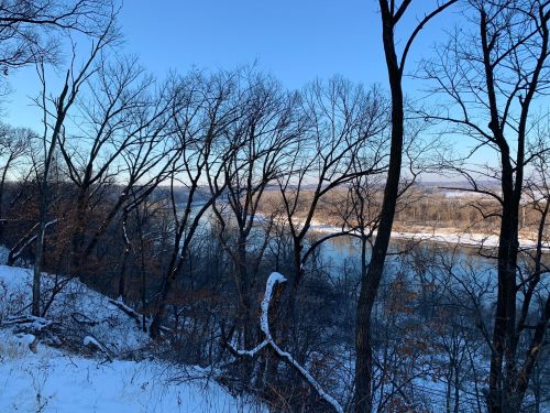 A winter landscape featuring bare trees overlooking a river, with snow on the ground and a clear blue sky.