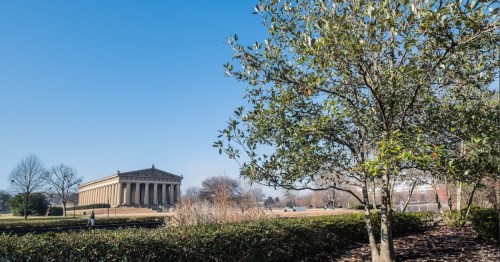 A clear blue sky over a large classical building surrounded by trees and greenery in a park setting.