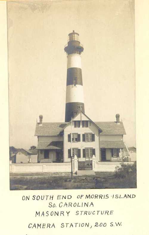 Historic black-and-white photo of a striped lighthouse with a nearby building, labeled "Morris Island, South Carolina."