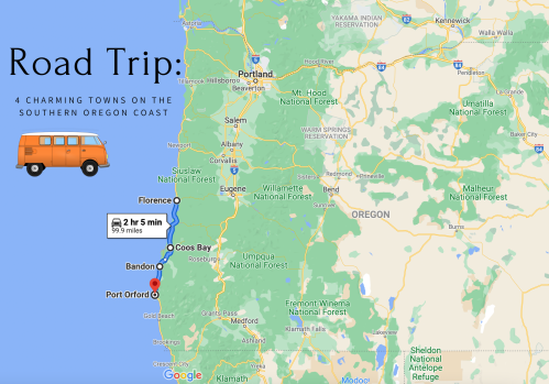 Map highlighting a road trip along the southern Oregon coast, featuring towns like Florence, Bandon, and Port Orford.