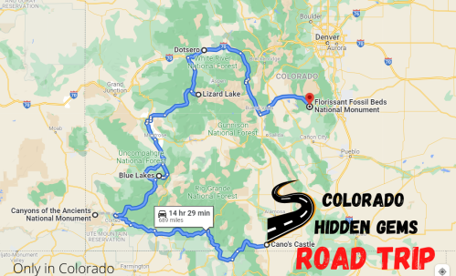 Map of a Colorado road trip route highlighting hidden gems, including stops at various natural sites and parks.