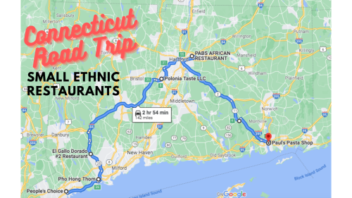 Map of Connecticut highlighting a road trip route to small ethnic restaurants, including Pabs African Restaurant and Paul's Pasta Shop.