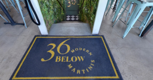 A welcome mat at the entrance of "36 Below Modern Martinis," featuring greenery and stairs leading down.