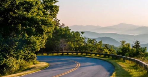 A winding road curves through lush greenery, with mountains fading into the distance under a soft morning light.