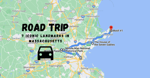 Map highlighting a road trip route to seven iconic landmarks in Massachusetts, including Gloucester and Minute Man Park.