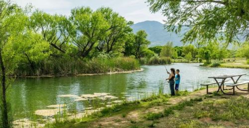 Two people fish by a serene pond surrounded by lush greenery and mountains in the background.