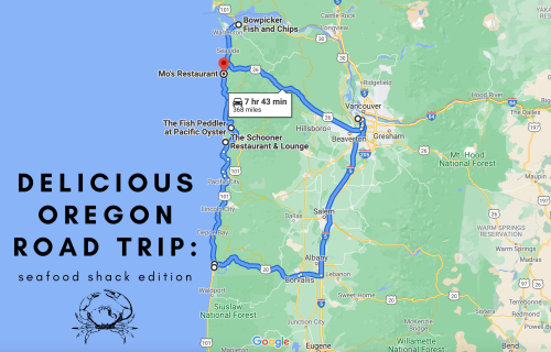 Map showing a road trip route in Oregon, highlighting seafood restaurants with a total distance of 368 miles.