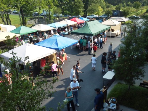A bustling outdoor market with colorful tents, people browsing, and greenery in the background.