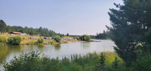 A serene lake surrounded by trees, with people enjoying the water and a distant view of cabins along the shore.