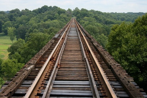 A long, wooden railway bridge stretches over lush green trees under a cloudy sky.