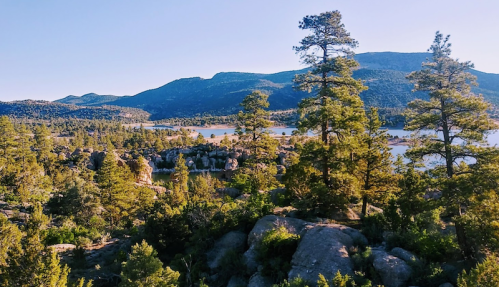 A scenic view of a lake surrounded by mountains and pine trees under a clear blue sky.
