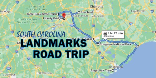 Map showing a road trip route through South Carolina, highlighting landmarks like Congaree National Park and Liberty Bridge.