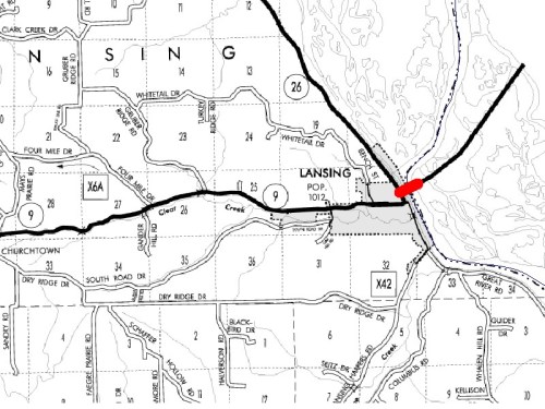 Map showing Lansing with roads and landmarks, highlighting a specific area in red.