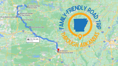 Map showing a family-friendly road trip route through Arkansas, highlighting attractions and destinations along the way.