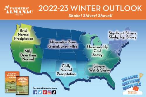 Map of the U.S. showing the 2022-23 winter outlook with varying weather conditions across regions.