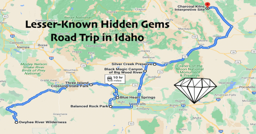 Map of a road trip in Idaho featuring hidden gems, including parks and natural sites, with a route highlighted.