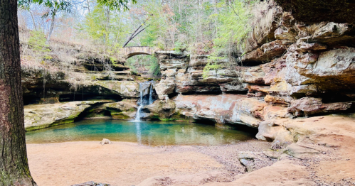 A serene natural landscape featuring a rocky area, a small waterfall, and a clear pool of water surrounded by trees.
