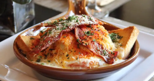A bowl of baked eggs topped with crispy bacon, cheese, and herbs, served with toasted bread on the side.