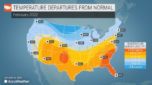 Map showing temperature departures from normal across the U.S. for February 2022, with varying color-coded temperature ranges.