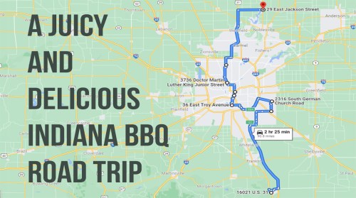 Map showing a route for a BBQ road trip in Indiana, highlighting key locations and travel time.