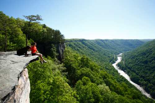 A person and a dog sit on a rocky ledge overlooking a lush green valley and winding river below.