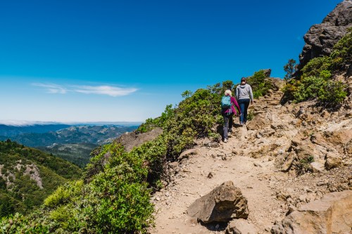 Two hikers on a rocky trail with lush green hills and a clear blue sky in the background.