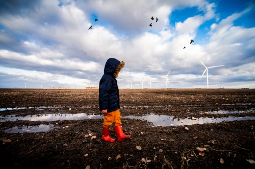 A child in red boots walks through a muddy field under a cloudy sky, with wind turbines and birds in the background.