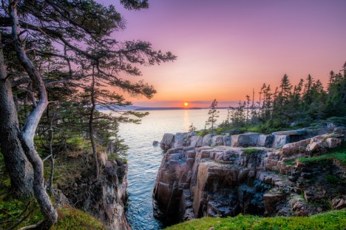 Sunset over a rocky coastline, with trees framing the view and calm waters reflecting the colorful sky.