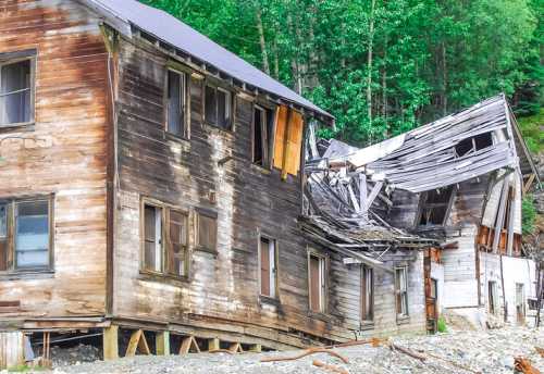 A dilapidated wooden building with a sagging roof, surrounded by lush green trees.