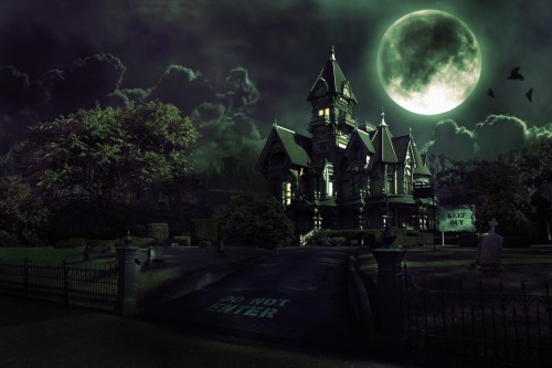 A spooky mansion under a full moon, surrounded by dark clouds and a graveyard, with signs saying "KEEP OUT" and "DO NOT ENTER."