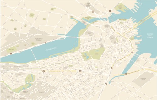 Map of Boston, showing streets, waterways, and key landmarks in a light, minimalist style.