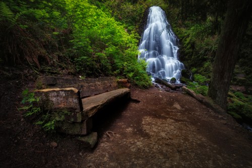 A serene forest scene featuring a wooden bench beside a cascading waterfall surrounded by lush greenery.