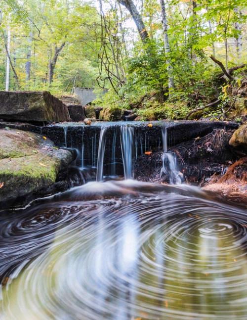 A serene waterfall cascades over rocks, creating swirling patterns in the water, surrounded by lush green trees.