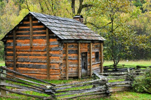 A rustic log cabin with a weathered roof, surrounded by trees and a wooden fence in a serene natural setting.
