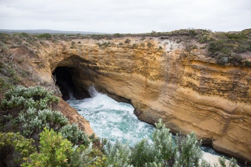 A rocky coastal cave with waves crashing inside, surrounded by lush greenery and rugged cliffs under a cloudy sky.