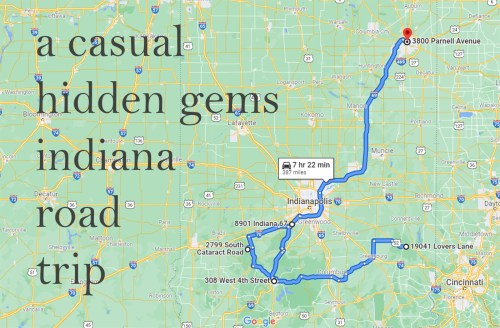 Map showing a route for a casual road trip to hidden gems in Indiana, highlighting key locations and travel time.