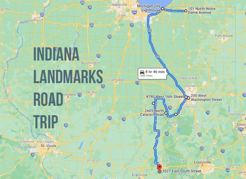 Map of Indiana highlighting a road trip route with landmarks, including Michigan City Lighthouse and other destinations.