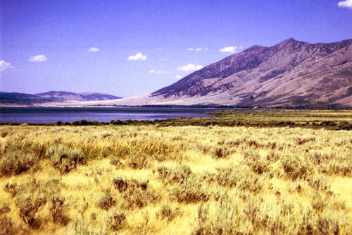 A scenic landscape featuring a lake surrounded by mountains and grassy plains under a clear blue sky.