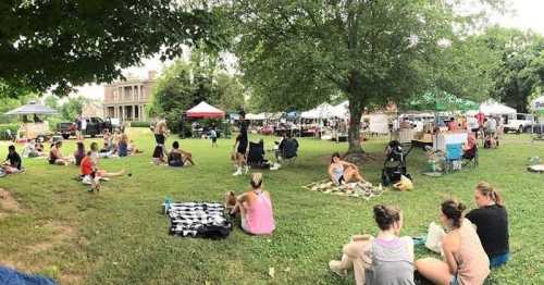 A lively outdoor market scene with people sitting on grass, tents, and vendors in the background under a large tree.