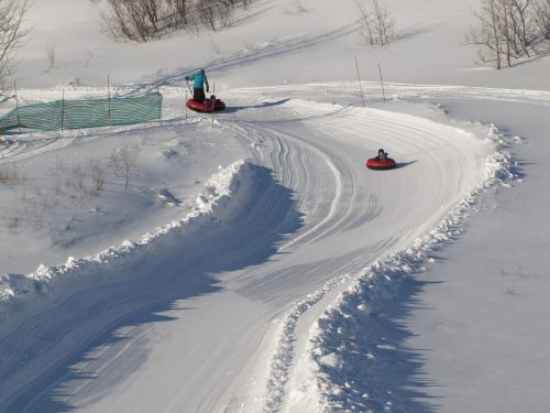 Two people on inner tubes slide down a snowy slope, leaving tracks in the fresh snow. Trees are visible in the background.
