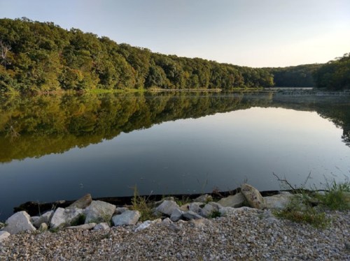A calm lake surrounded by trees, reflecting the landscape on its still surface, with a rocky shore in the foreground.