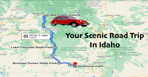 Map showing a scenic road trip route in Idaho, highlighting stops at Lake Coeur d'Alene, Shoshone Falls, and more.