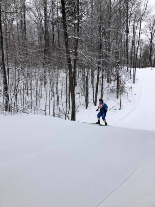 A skier in blue gear descends a snowy slope surrounded by trees in a winter landscape.