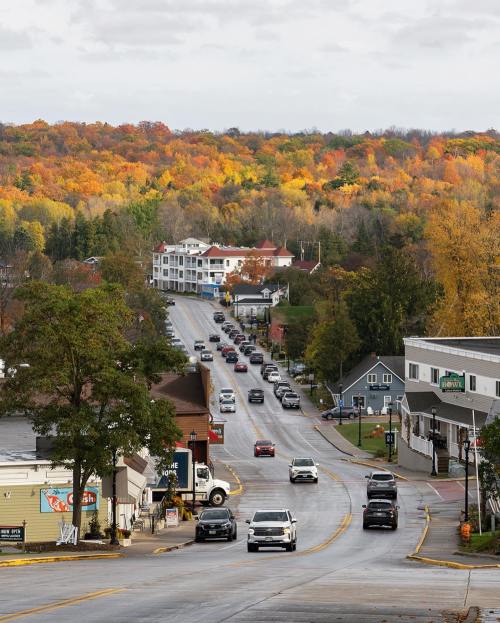 A scenic view of a tree-lined street with colorful autumn foliage and cars driving through a small town.