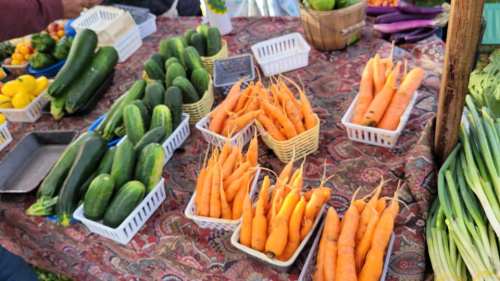 A vibrant display of fresh vegetables, including cucumbers and bright orange carrots, on a patterned tablecloth.
