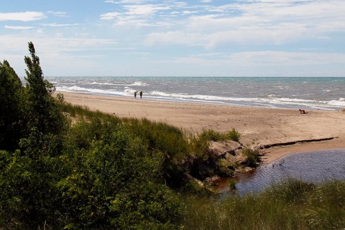 A sandy beach with gentle waves, two people walking along the shore, and a dog nearby under a partly cloudy sky.