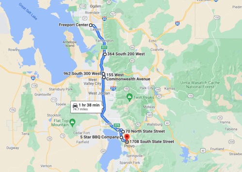 Map showing a route from 70 North State Street in Provo to 5 Star BBQ Company, covering 74.7 miles in 1 hour 38 minutes.