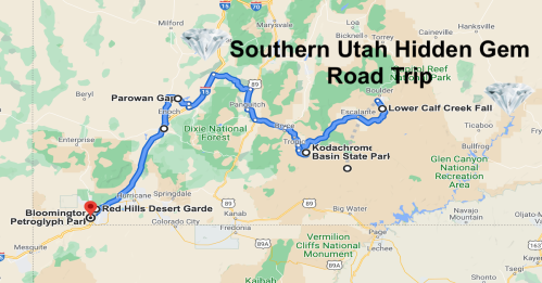 Map showing a road trip route through Southern Utah, highlighting stops like Red Hills Desert Garden and Lower Calf Creek Falls.