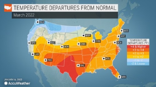 Map showing temperature departures from normal across the U.S. for March 2022, with varying color-coded temperature ranges.