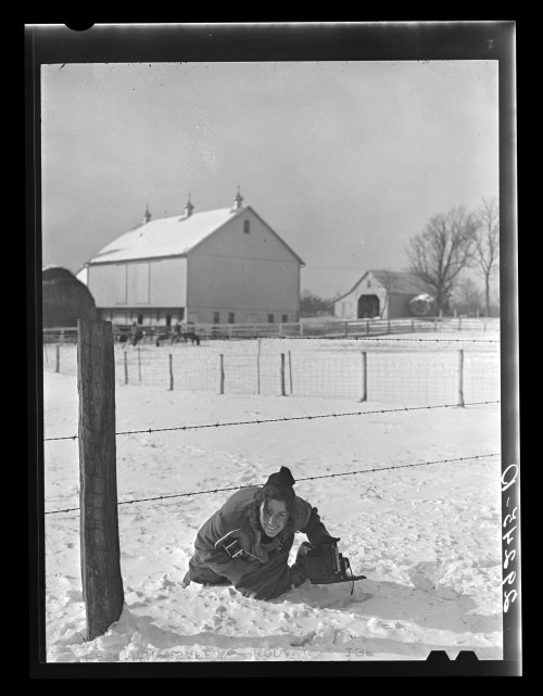 A person crouches in the snow near a fence, with a barn and trees in the background on a winter day.